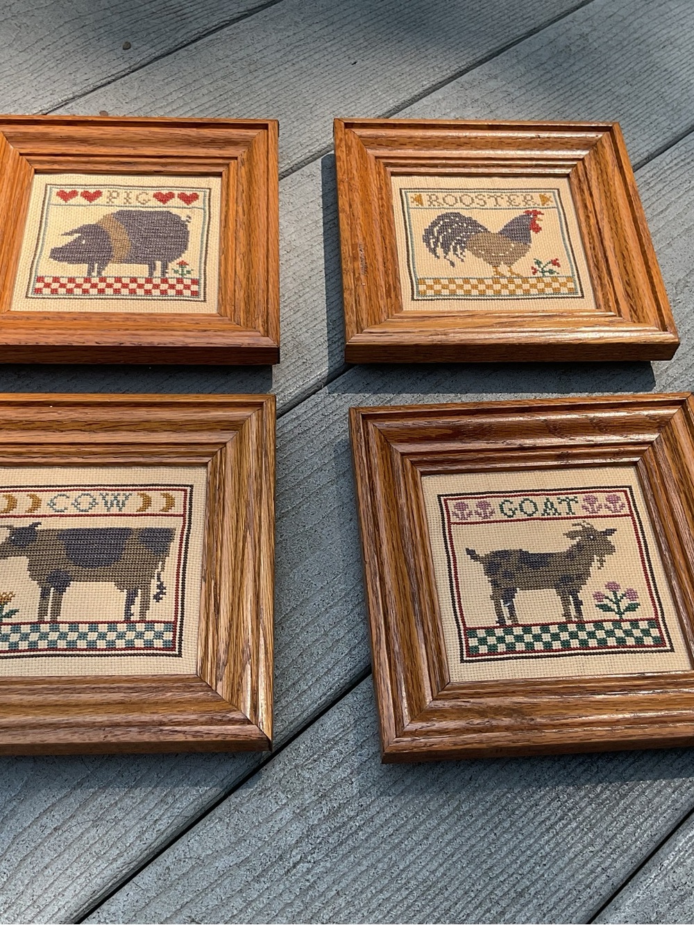 4 Vintage Farm Animal Cross-Stitch Wall Wood Framed Art Set